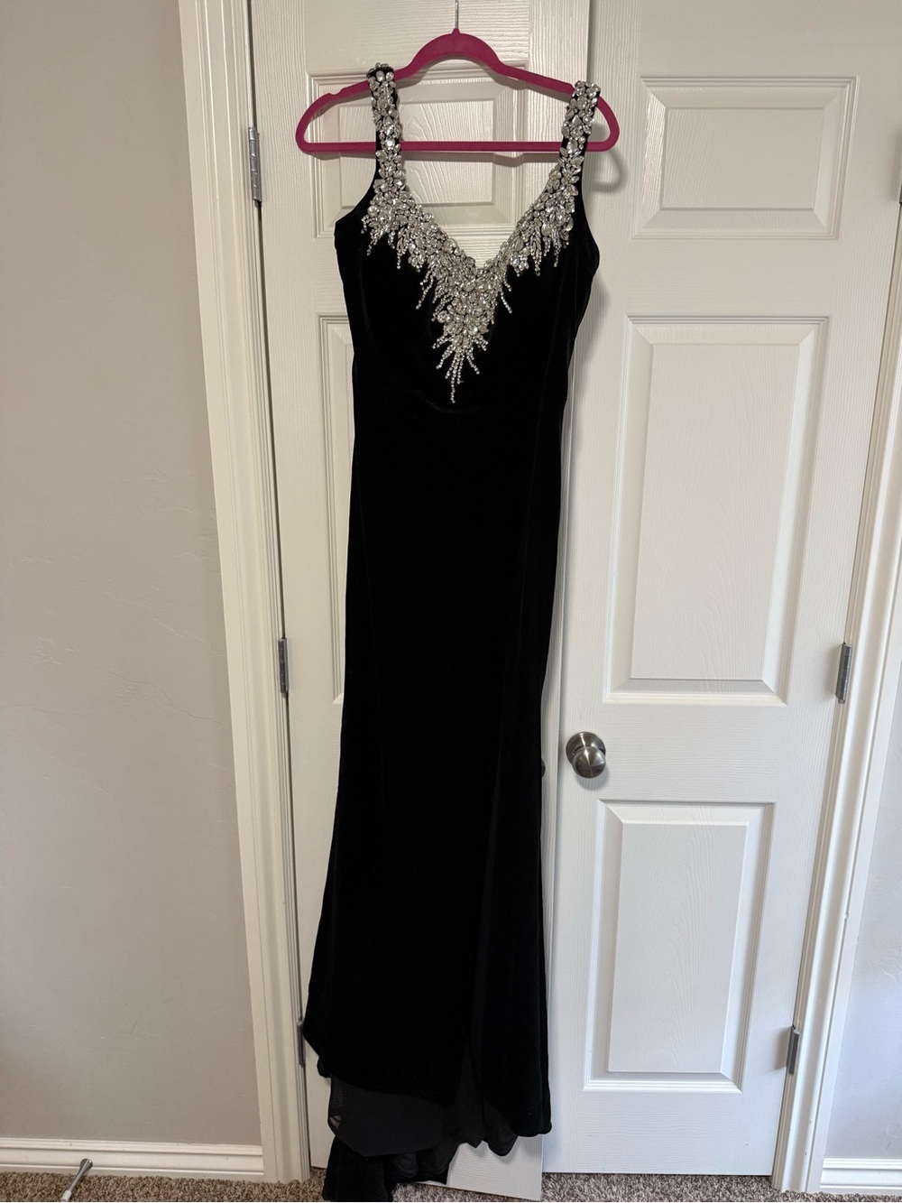 Portia and Scarlett Black Velvet Evening Gown with Silver Beaded Bodice